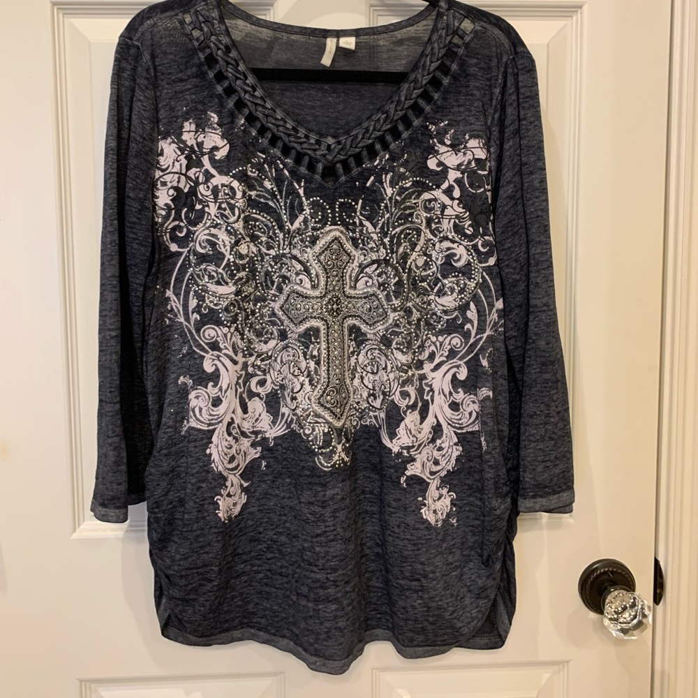 Grey Embellished Cross Blouse/Tunic.  Size Large